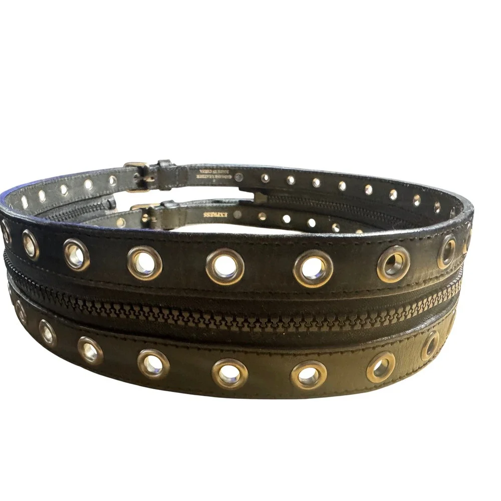 Express Black Leather Double Grommet Zipper Belt Small Punk Grunge Edgy Y2k 00's